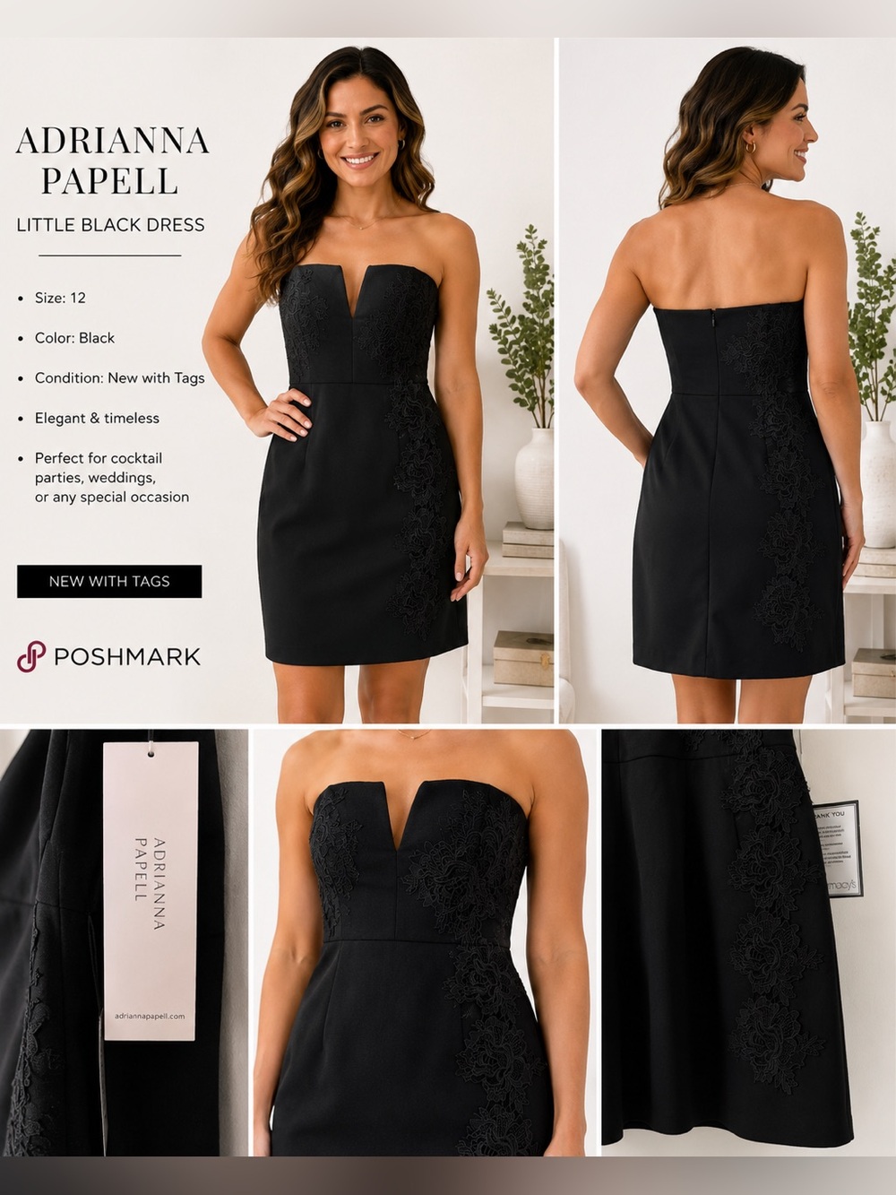 Adrianna Papell Black Strapless Floral Lace Appliqué Cocktail Dress NWT Size 12
